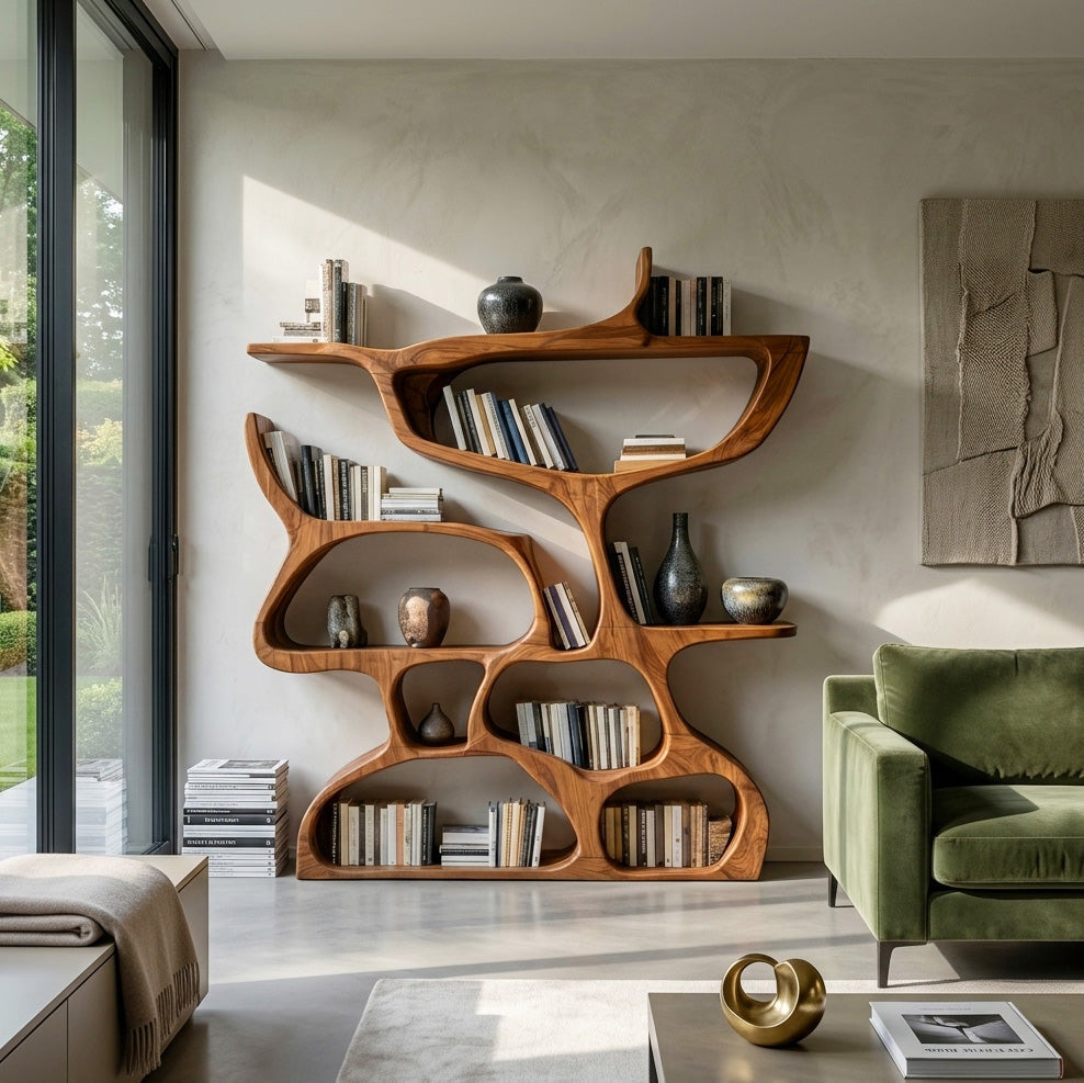 Freeform Carved Wood Bookcase with Irregular Open Cubbies, 47-79 In Tall