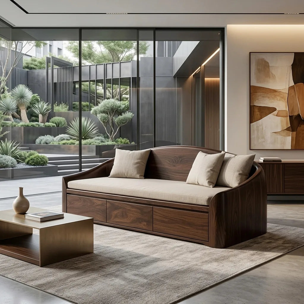 Curved Wood Frame Sofa With Lower Storage Drawers, 65 To 86 Inch