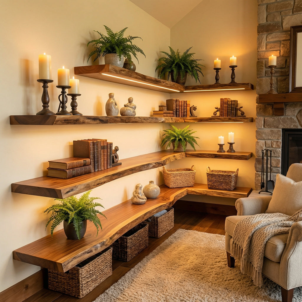 Farmhouse Corner Floating Shelf, Solid Wood Living Room Shelf