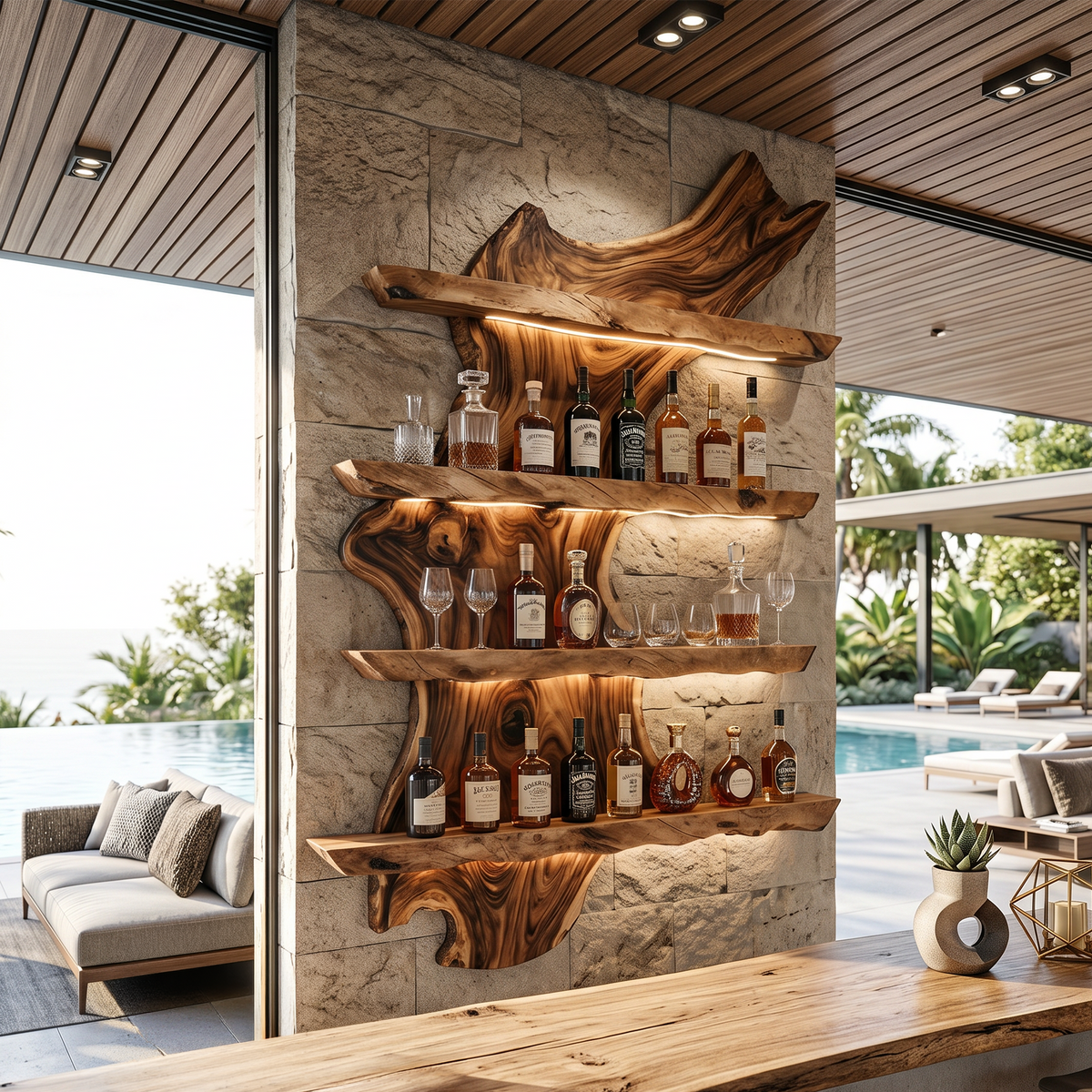 Wall-Mounted Wine Bottle Display in Monkey Pod Wood, 39 to 65 Inch
