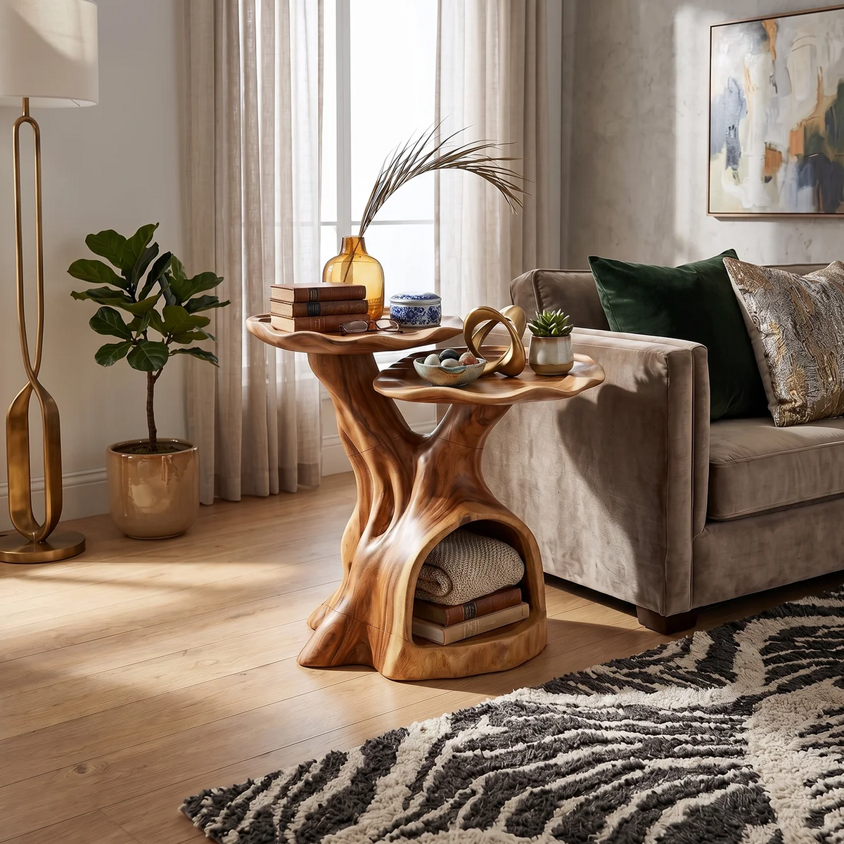 Two-Tier Wood Side Table With Architectural Lines, 16 to 22 Inch