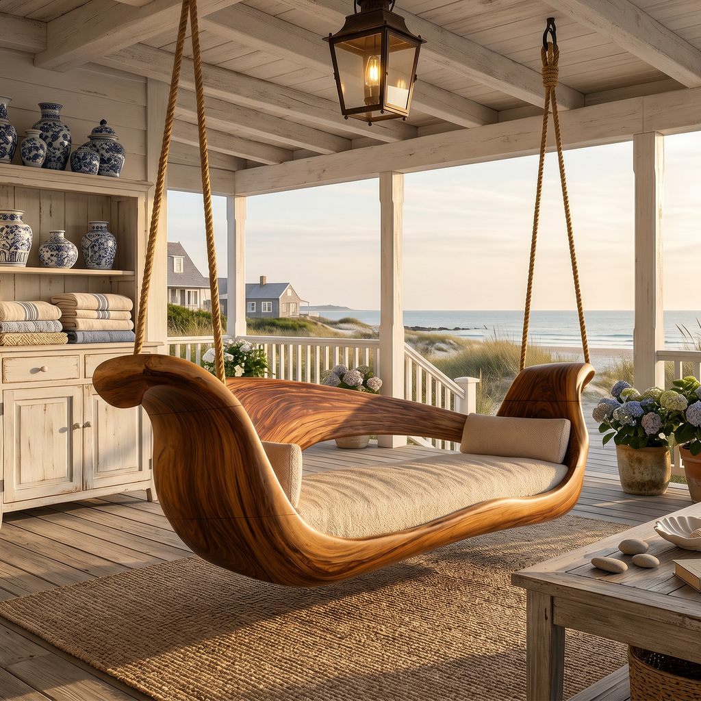 Hanging Sculptural Wood Swing Bed For Indoor Or Outdoor Living