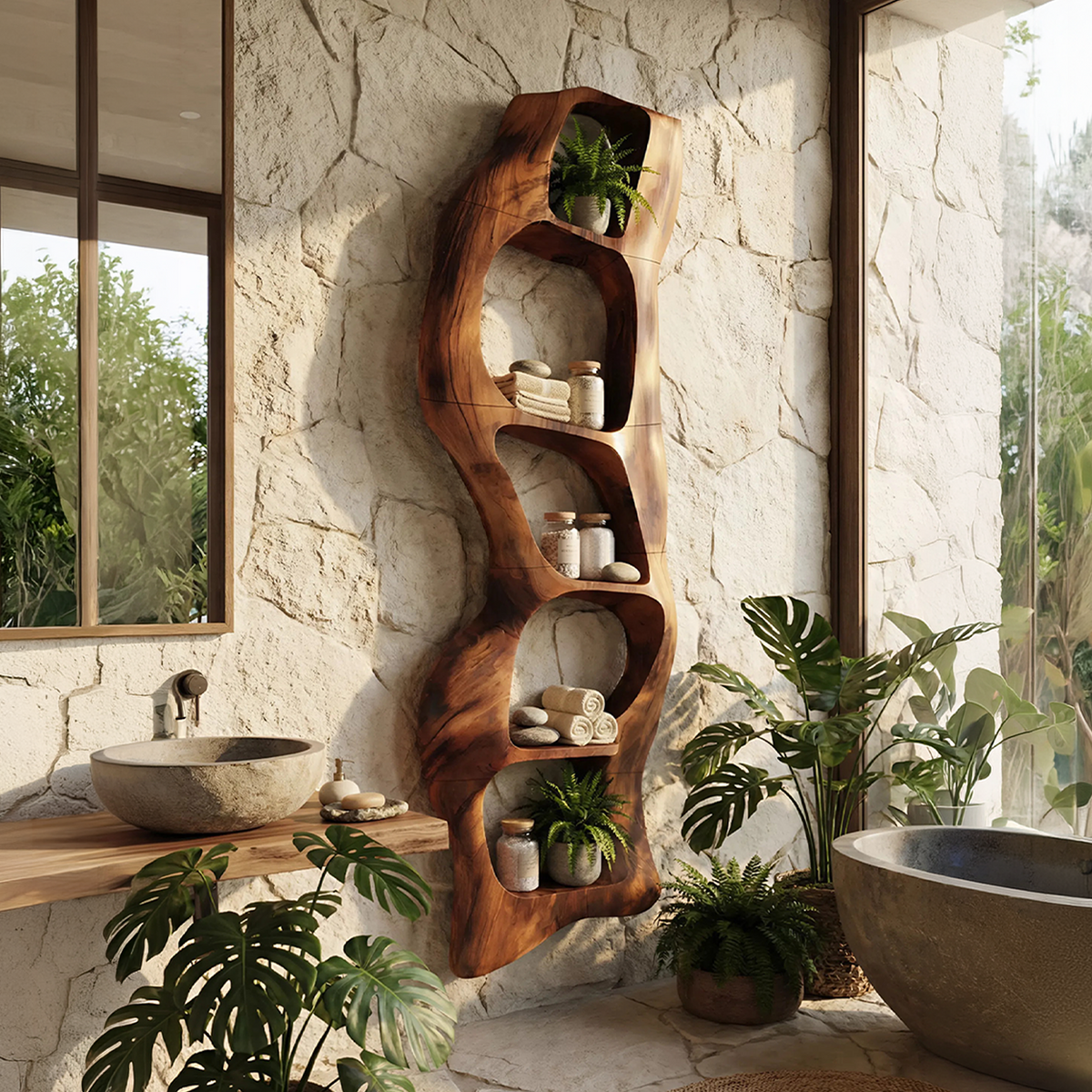 Contemporary Wooden Wall Shelf, Handcrafted Solid Wood Floating Storage Display Ledge Rack