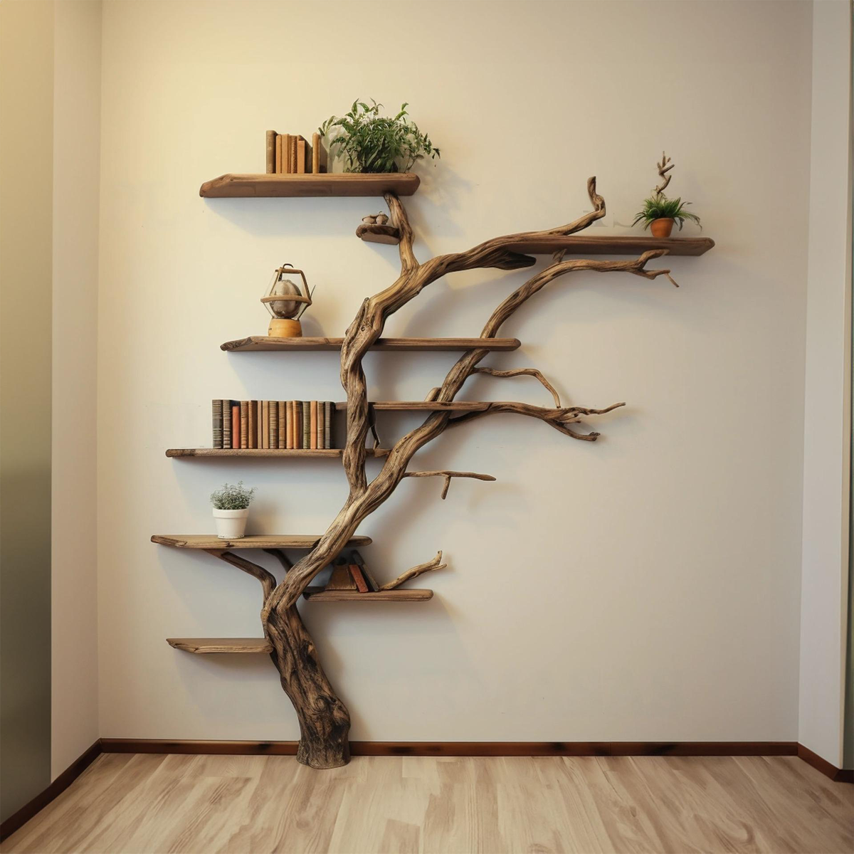 Floor-to-Ceiling Corner Branch Shelf, Dark Brown 84 x 72 x 8 Inches