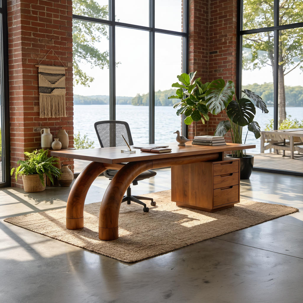 Modern Curved Desk With Open Shelf For Home Office