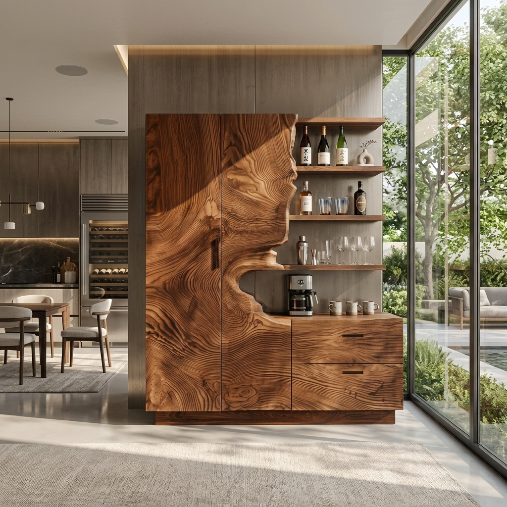 Tall Wall Wine Cabinet with Carved Doors and Bottle Shelves