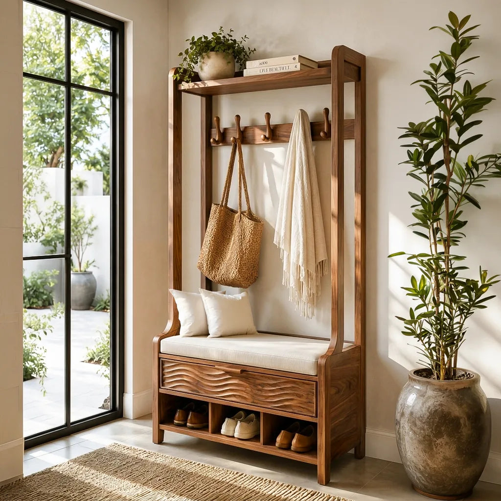 Modern Storage Bench With Coat Rack And Shoe Storage For Home