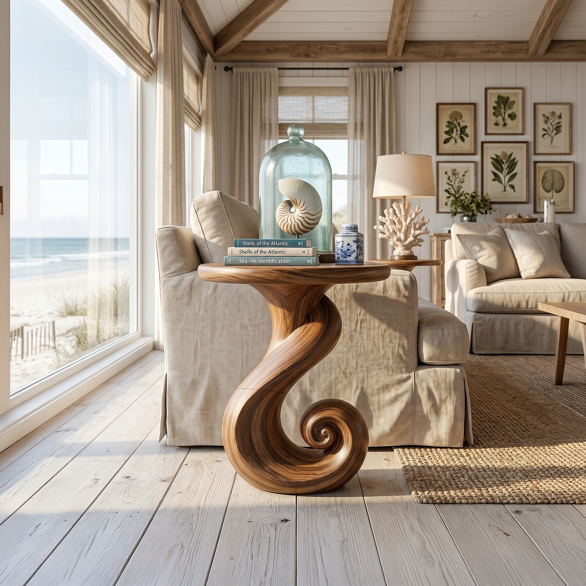 Spiral Base Wood Accent Table For Beach Cottages, 16 to 24 Inch