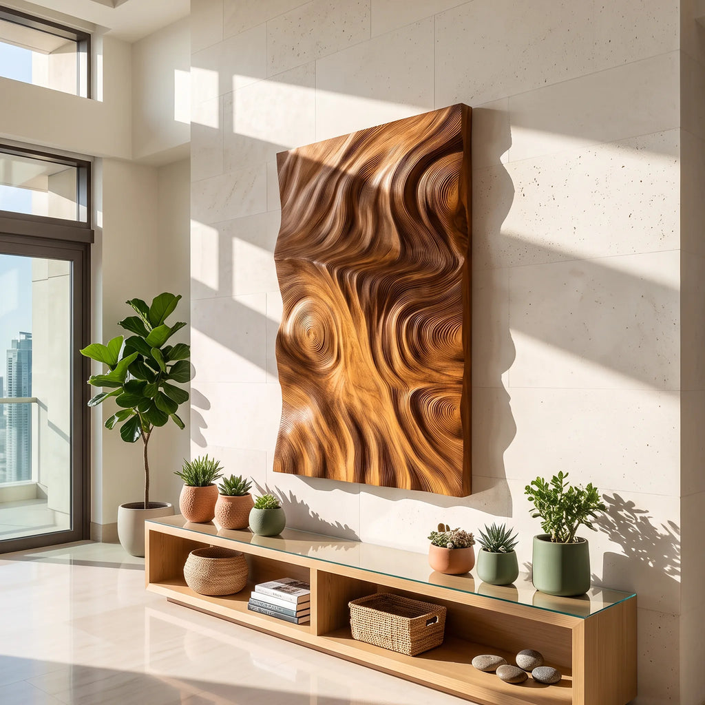 Projecting Relief Wood Wall Sculpture For Entryways, 47 To 79 Inch