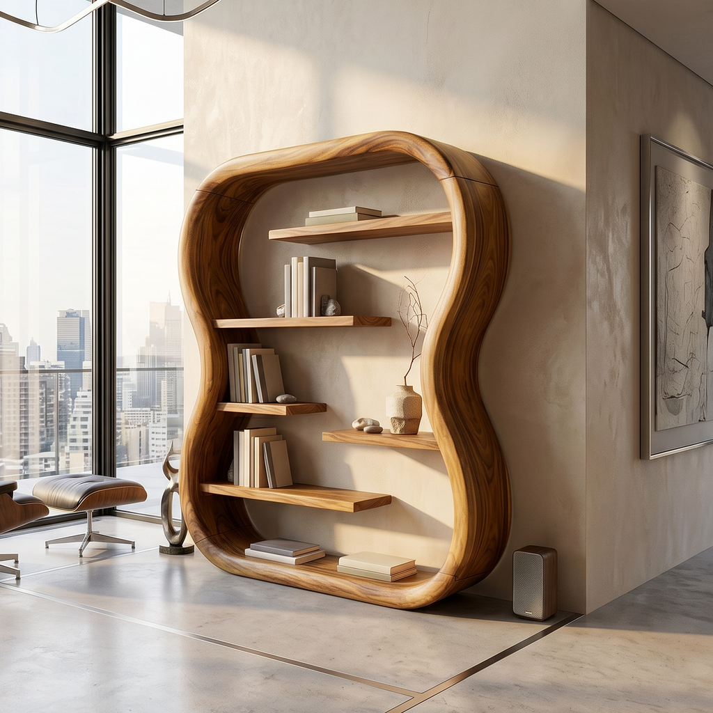 Curved Frame Organic Wood Bookshelf With Botanical Details