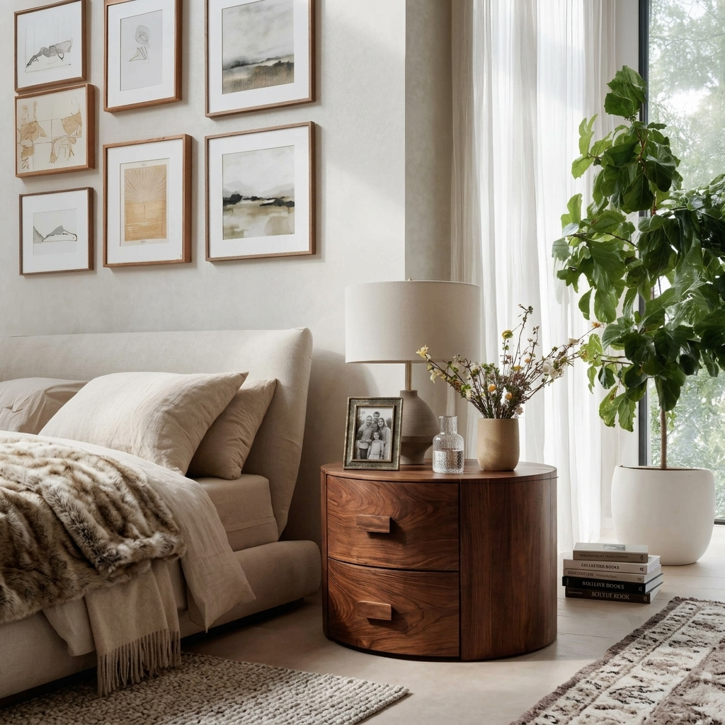 Modern Round Wooden Nightstand With 2 Drawers