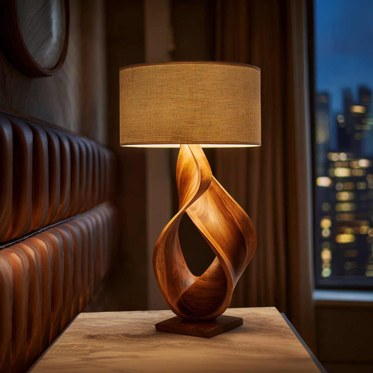 Carved Monkey Pod Wood Accent Lamp for Desk or Shelf, 14 to 20 in