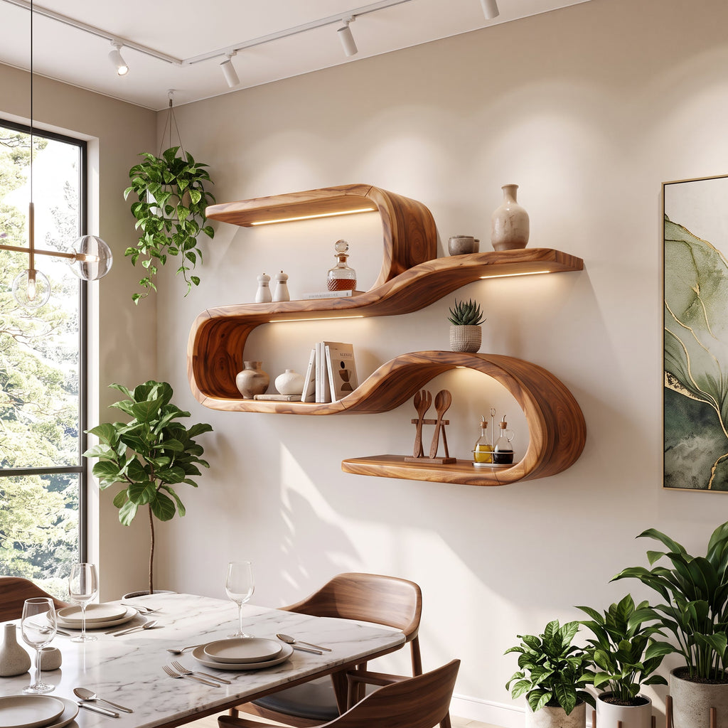 Mid Century Curved Wood Shelves For Coffee Bar