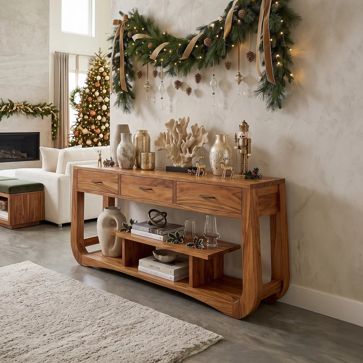 Long Handcrafted Wood Sofa Table For Holiday Displays, 40 To 83 In