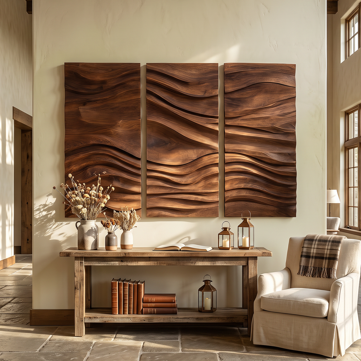 Carved Solid Hardwood Wave Wall Art Panel, 47 to 71 Inches Wide