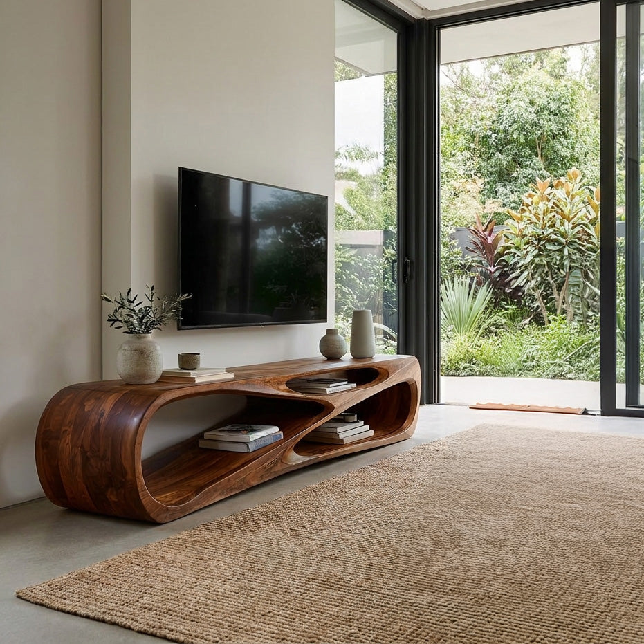 Low Profile Curved Wood Media Console With Open Storage