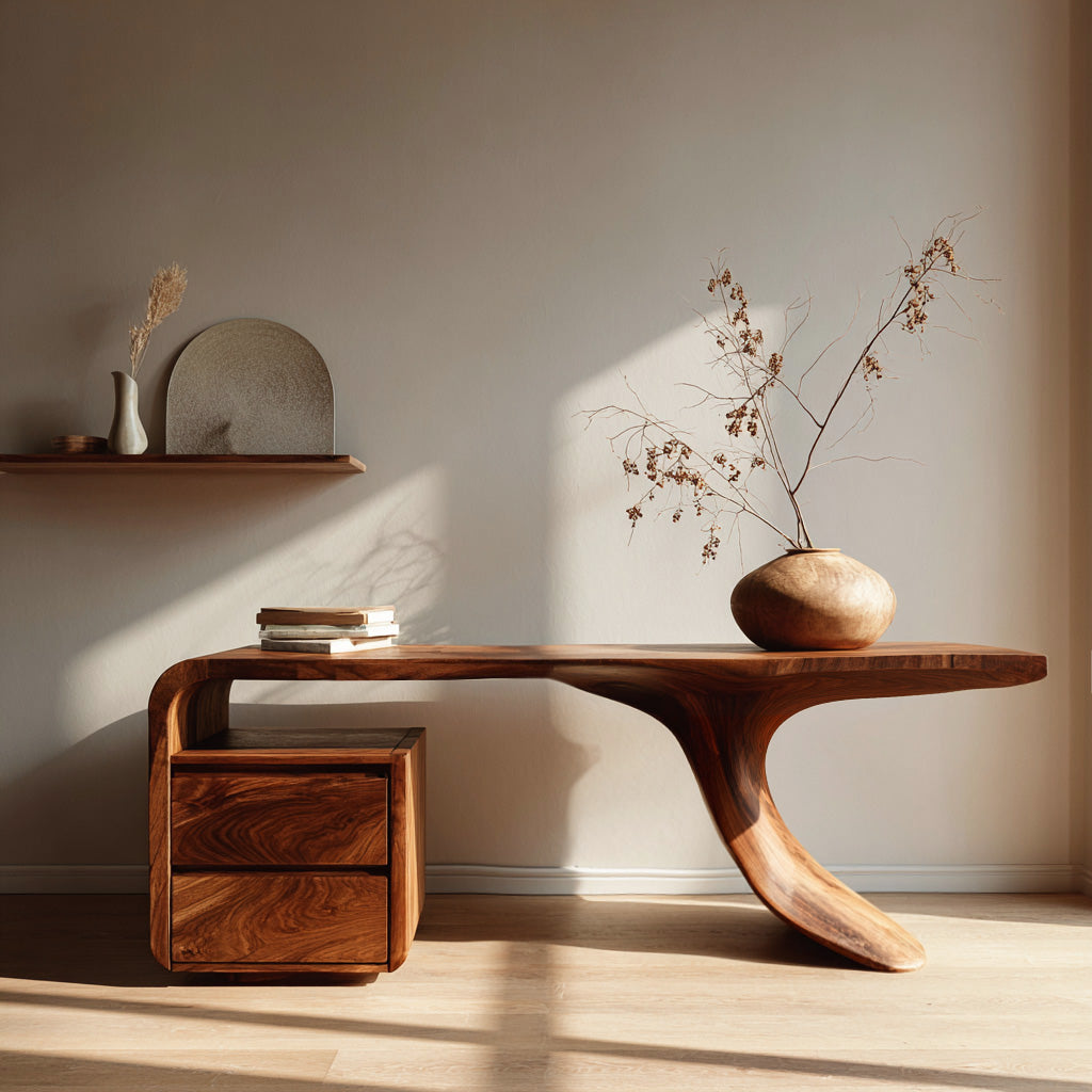 Modern Wooden Desk With Unique Curved Base For Workspace