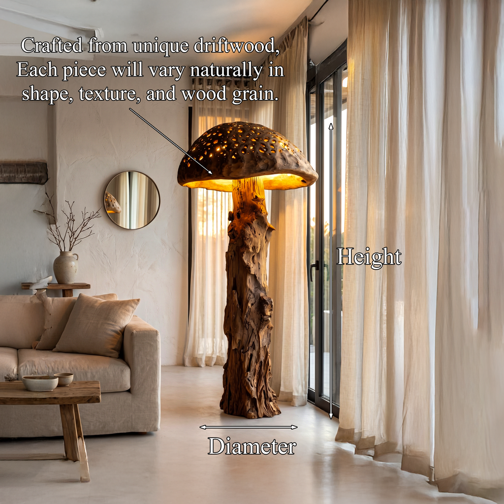 Mushroom Floor Lamp, Carved Tree Trunk Base with Wood Dome Shade