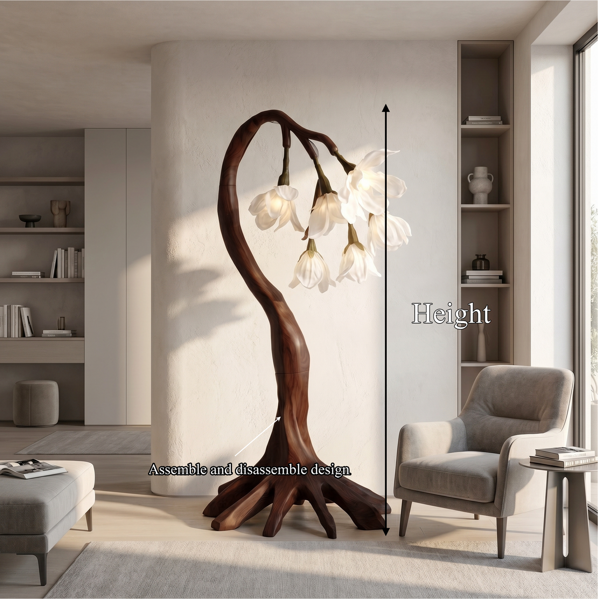 Petal Shade Floor Lamp on Curved Wood Branch Stand, 51 or 61 in