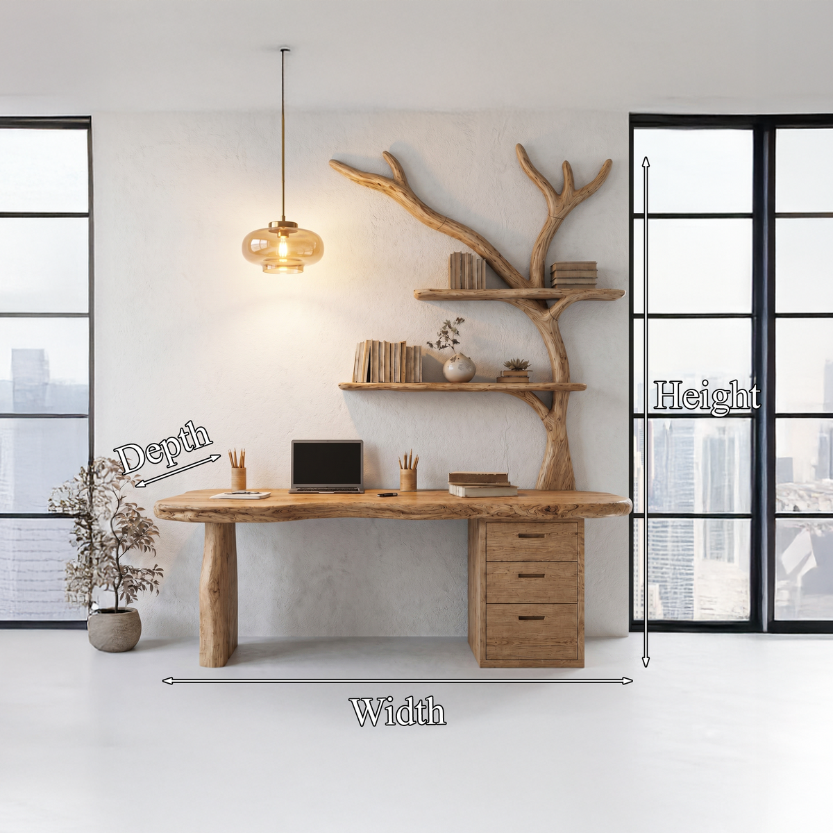 Tree Branch Desk with Bookshelf and Drawers, Live Edge Solid Wood