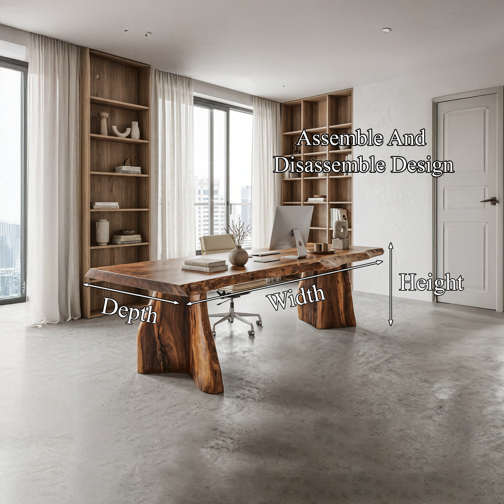 Live Edge Executive Desk, Rustic Solid Wood Desk with Sculptural Base