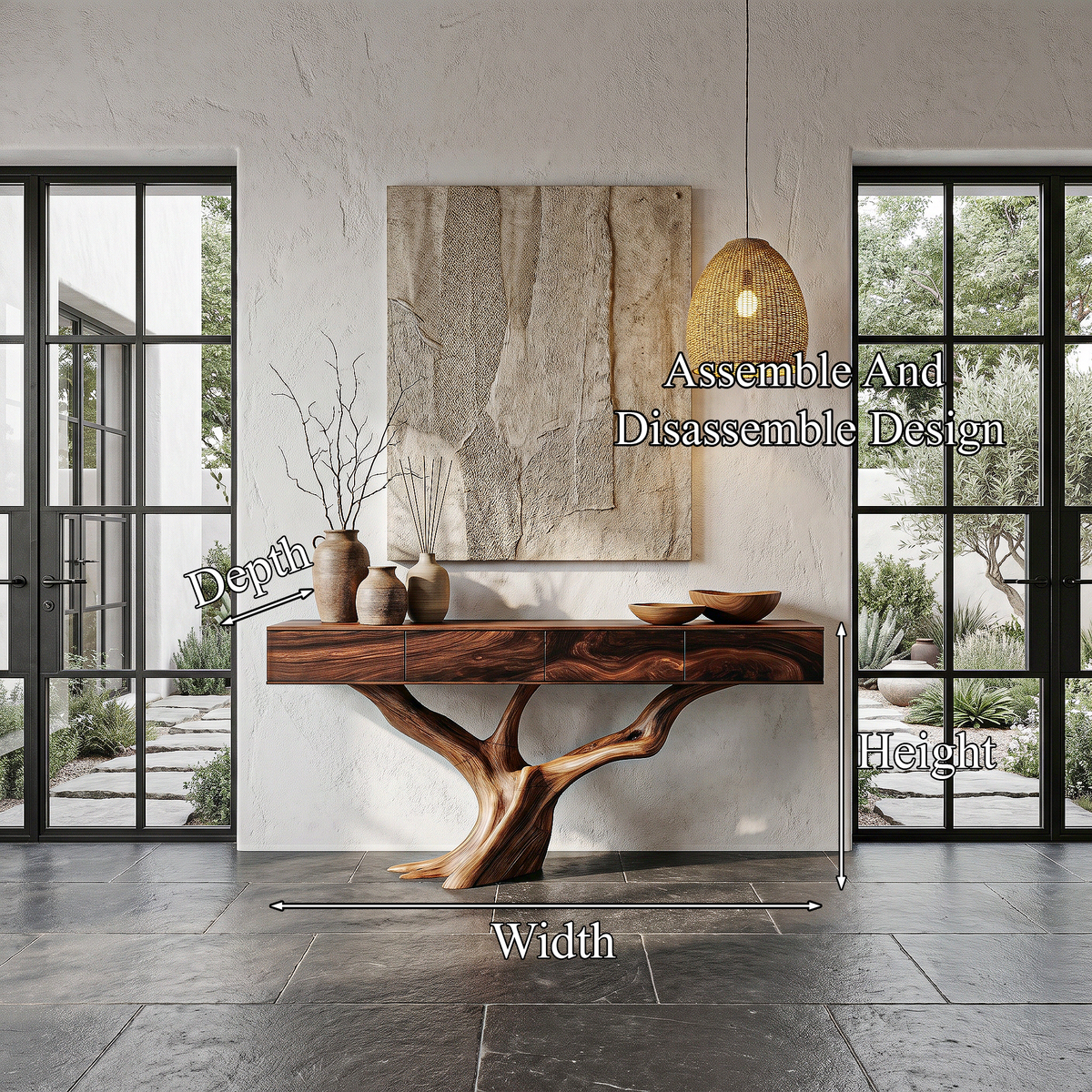 Rustic Live Edge Console Table With Sculptural Tree Branch Base