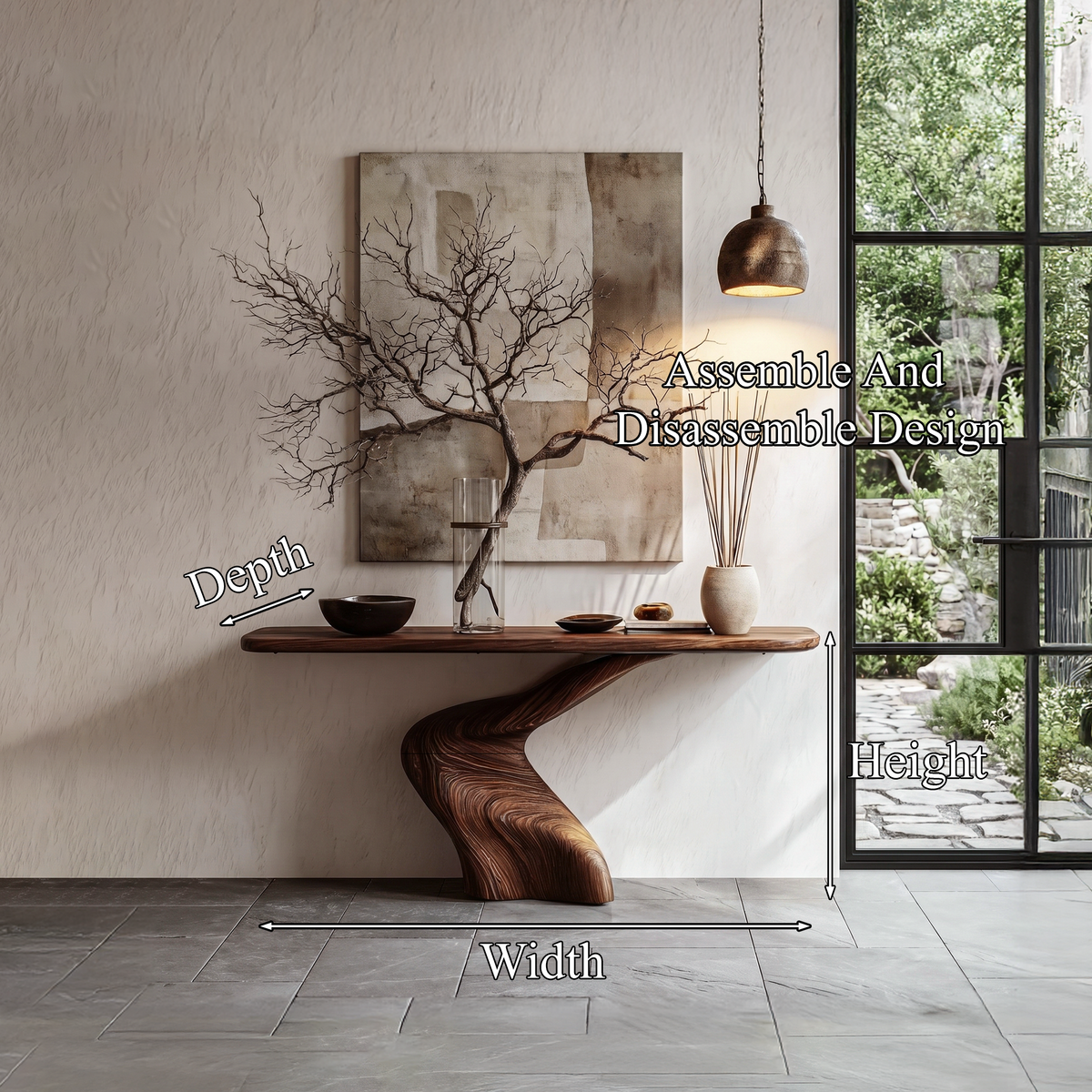 Organic Console Table With Sculptural Twisted Solid Wood Base For Entryway
