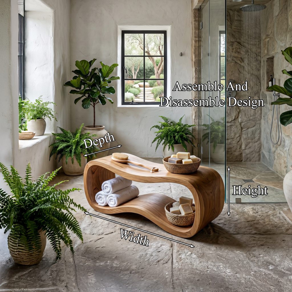 Wooden Shower Bench, Curved Sculptural Spa Seat with Storage Shelf
