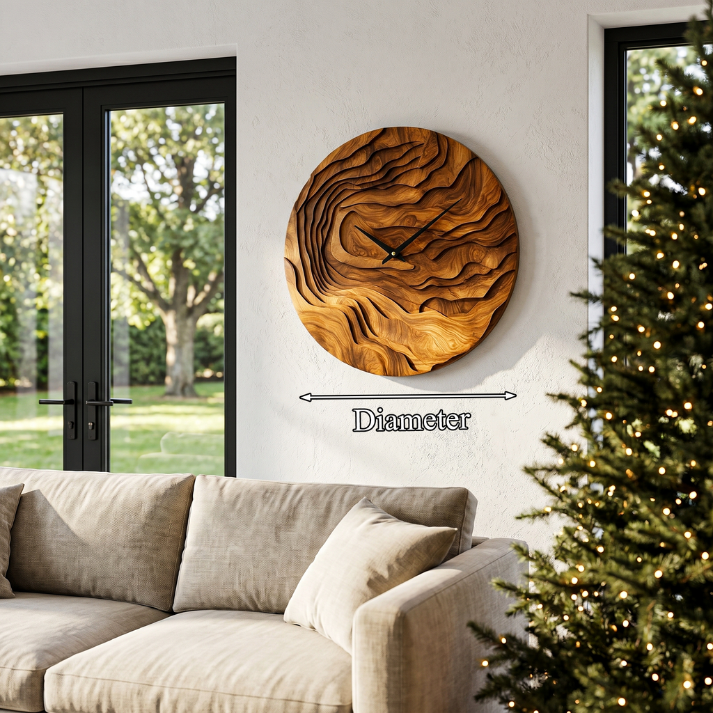 Rustic Wood Wall Clock with Hand Carved Organic Pattern for Living Room