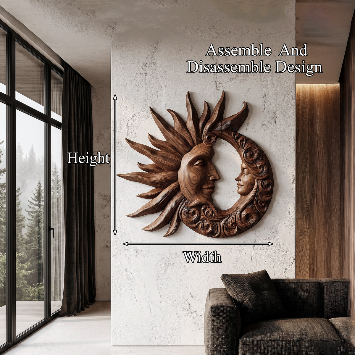 Organic Wood Wall Art With Carved Sun And Moon Design For Living Room And Bedroom
