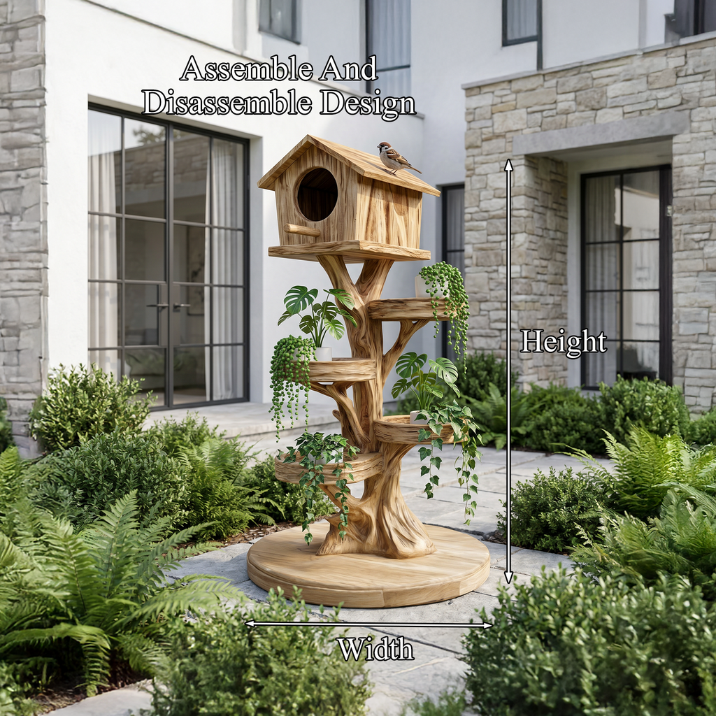 Rustic Tree Birdhouse With Built In Plant Stand For Garden
