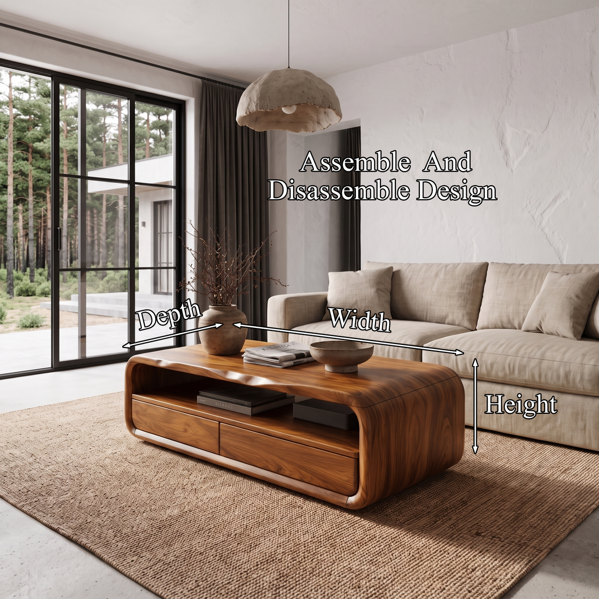 Mid Century Coffee Table With Rounded Frame Storage For Living Room