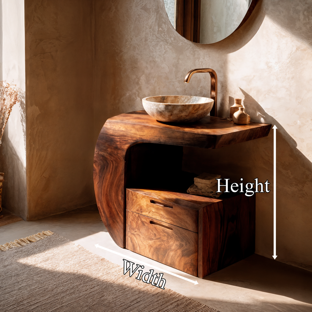 Modern Organic Wood Bathroom Vanity with Open Shelf Cabinet