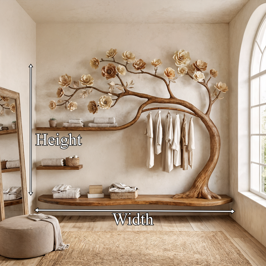 Tree Wardrobe, Open Solid Wood Clothes Rack with Shelves and Rail