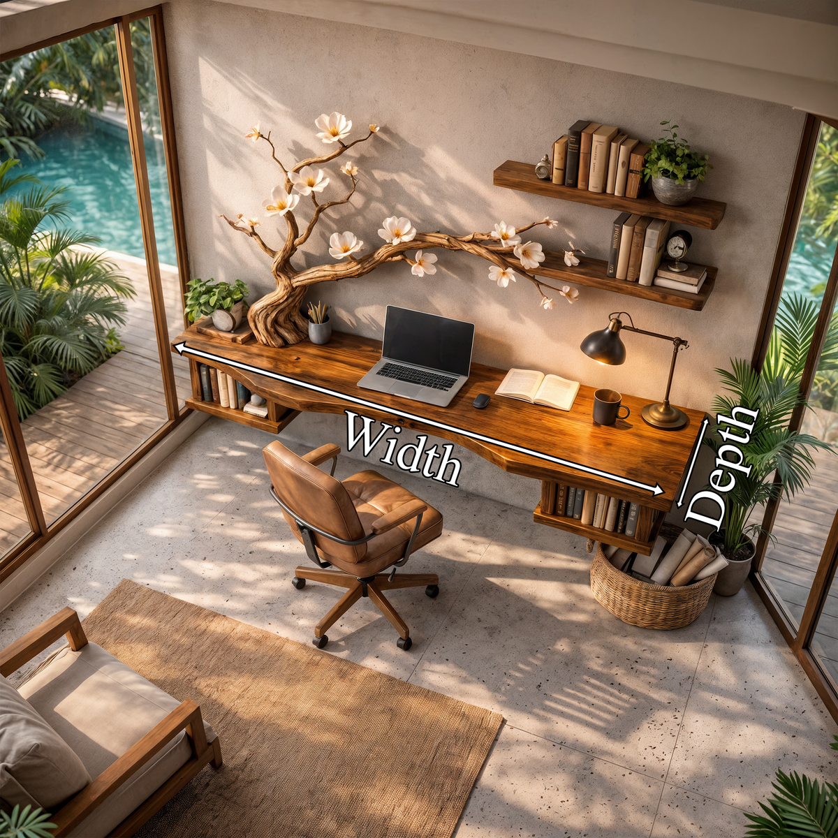 Floating Wall Desk, Live Edge Solid Wood Slab Home Office Workstation