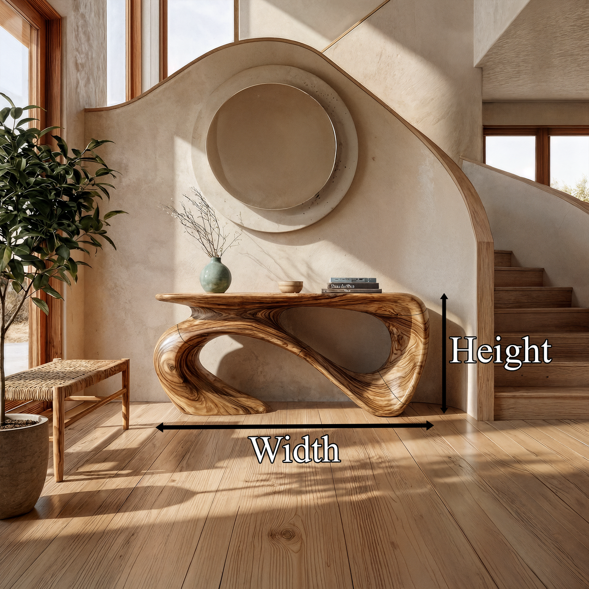 Minimalist Console Table, Sculptural Base Solid Wood Sofa Table