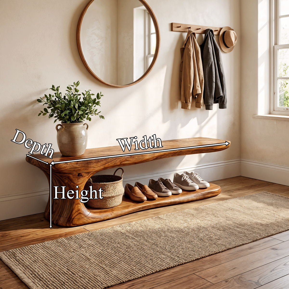 Rustic Live Edge Solid Wood Shoe Bench for Entryway
