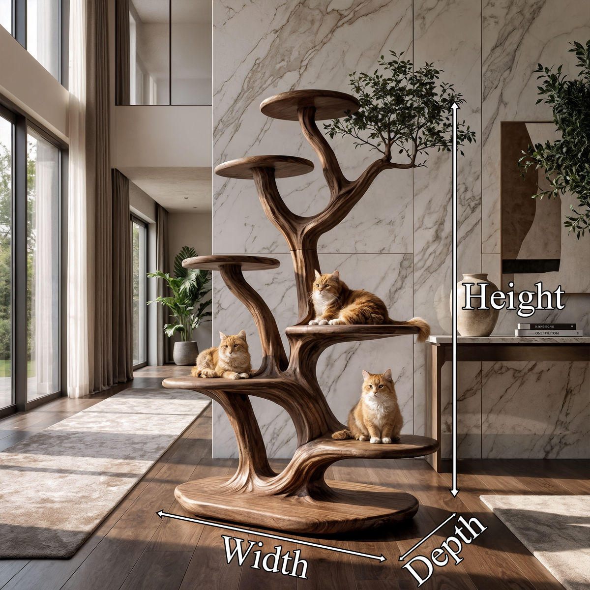 Cat Tree Tower, Rustic Solid Wood Climbing Furniture for Living Room