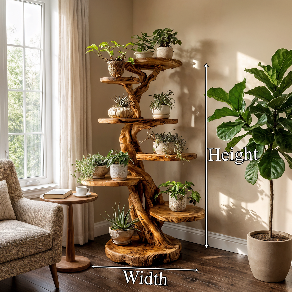 Rustic Solid Wood Tree Plant Shelf with Branch Display Surfaces