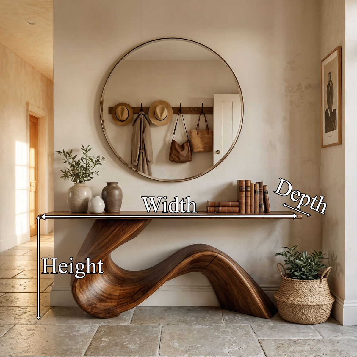 Flowing Rustic Wood Base Console For Hallways, 40 To 70 Inch Wide