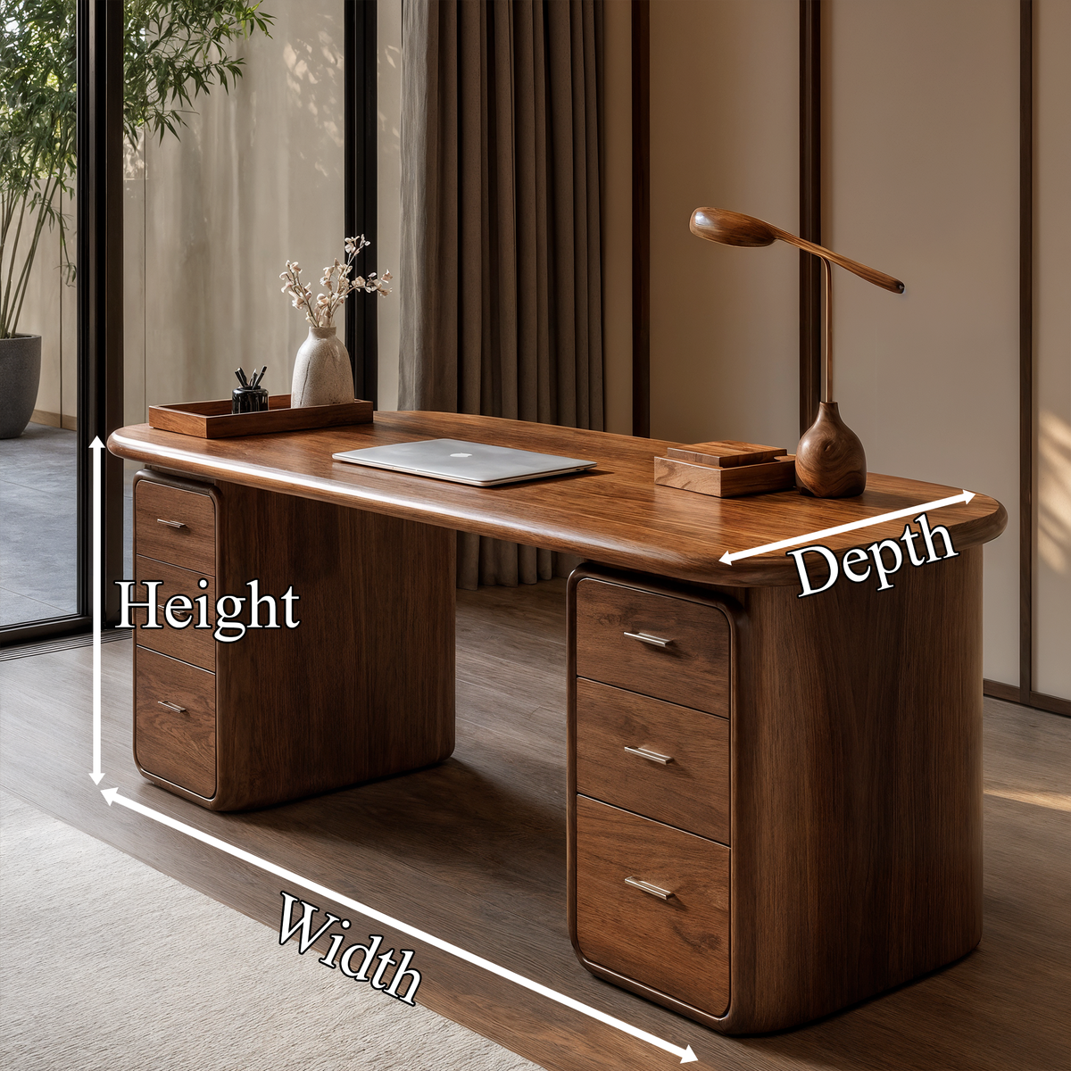 Home Office Wood Writing Desk With Built-In Drawers, 60 To 80 Inch