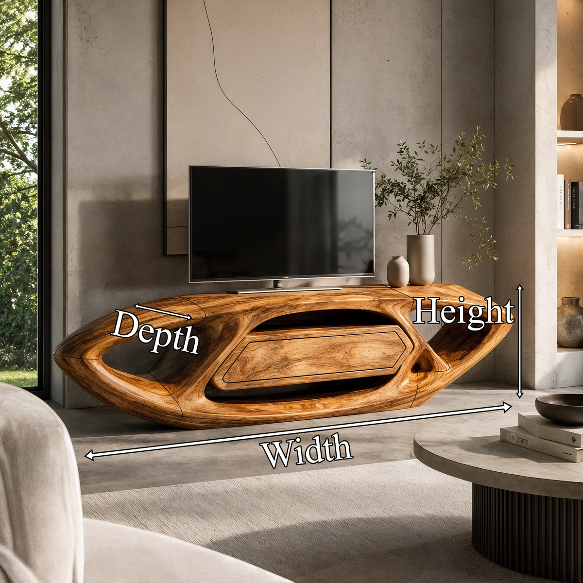 Oval Frame Wooden TV Stand With Open Media Shelves, 50 To 70 In