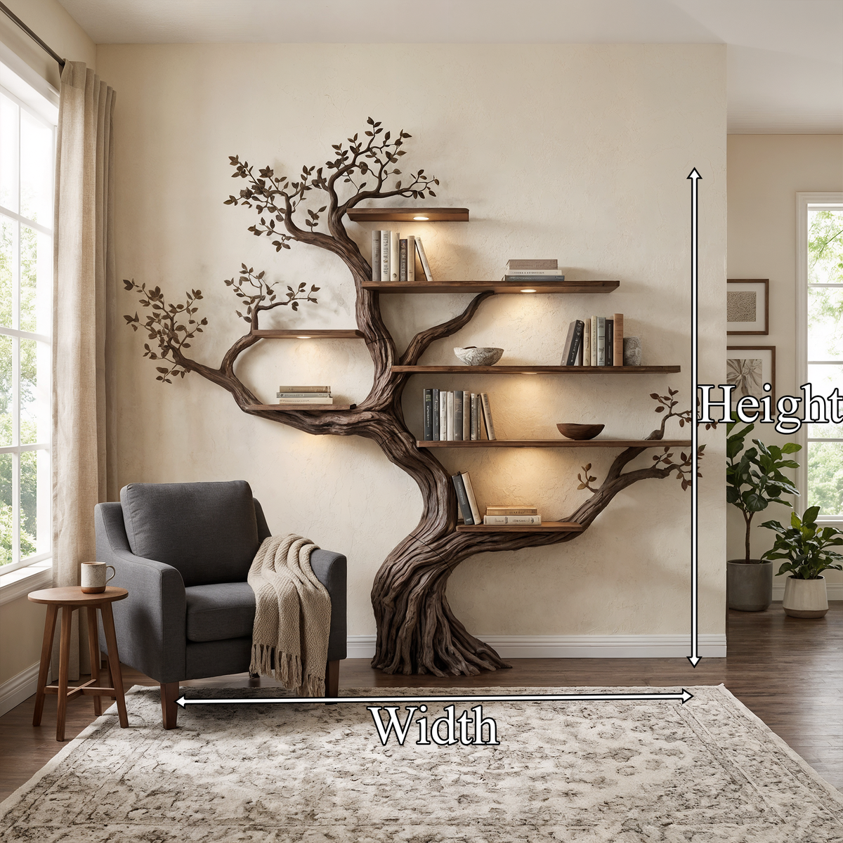 Floral-Style Branch Wall Bookcase, 70 x 70 Inch Living Room Feature