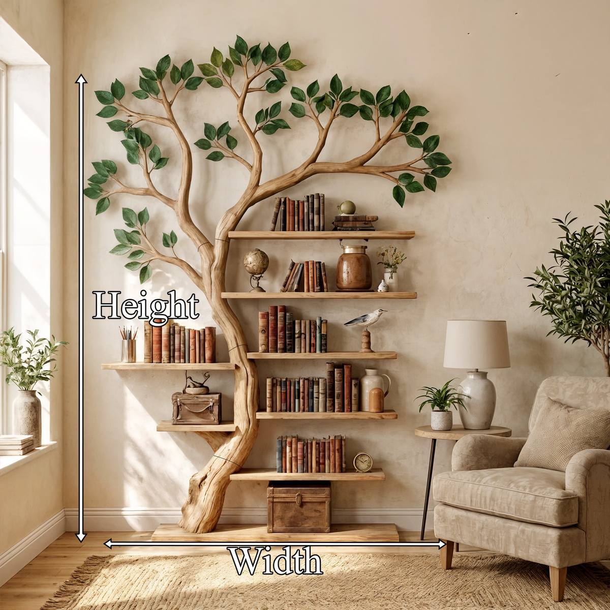 Tree Branch Bookshelf, Wall-Mounted Rustic Display for Living Room