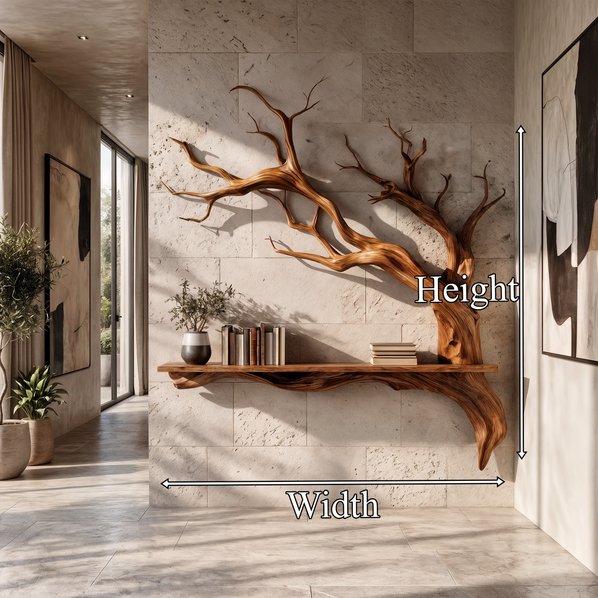 Rustic Solid Wood Slab Wall Shelf with Tree Branch Accent