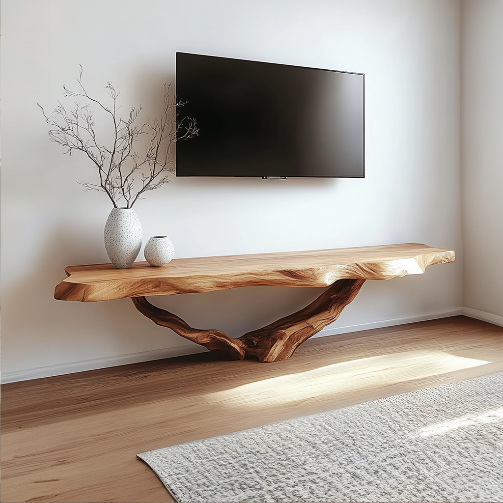 Live Edge Solid Wood TV Console Handmade Floating Media Shelf For Living Room