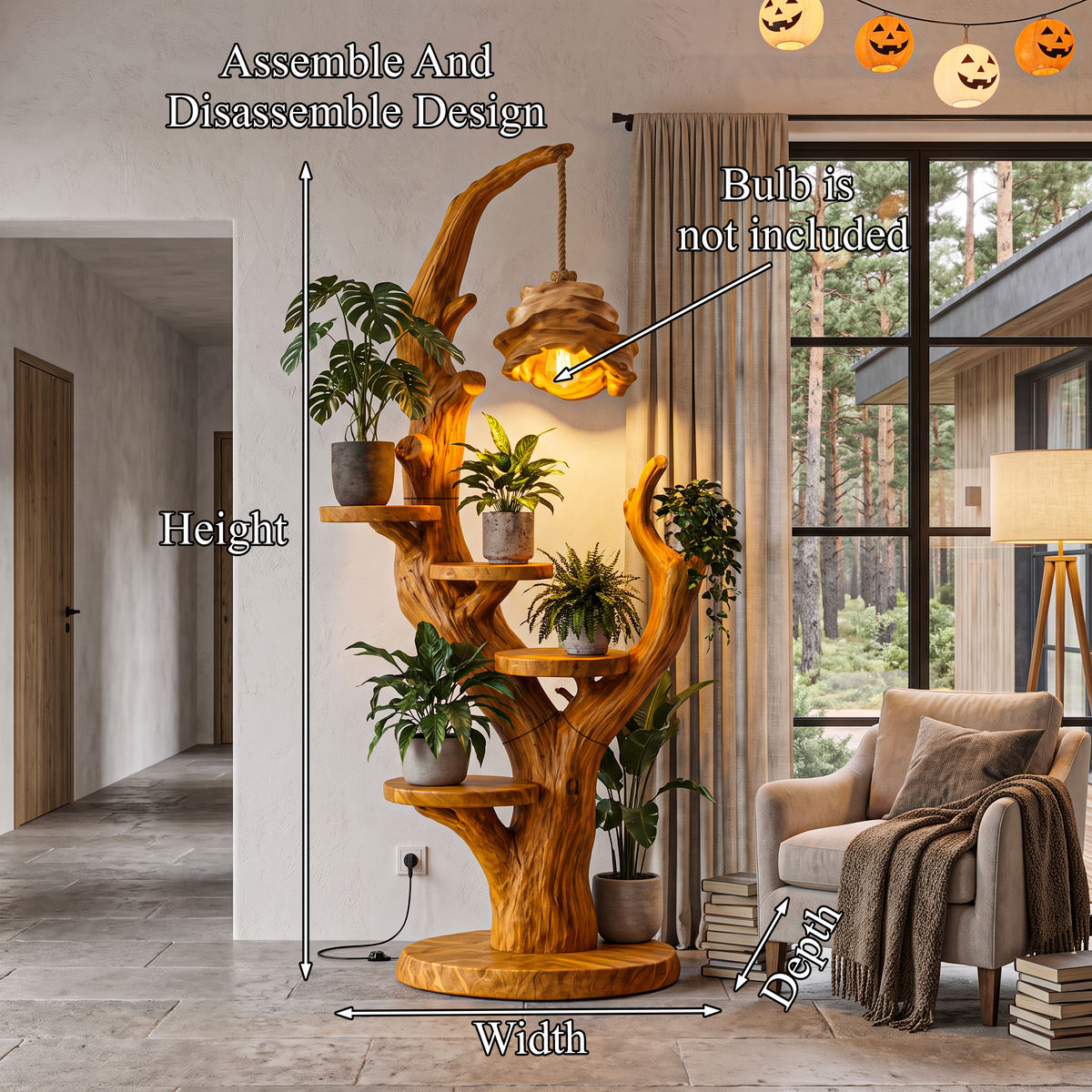 Floating Round Shelf Wood Plant Stand, 60 To 80 Inch Tall