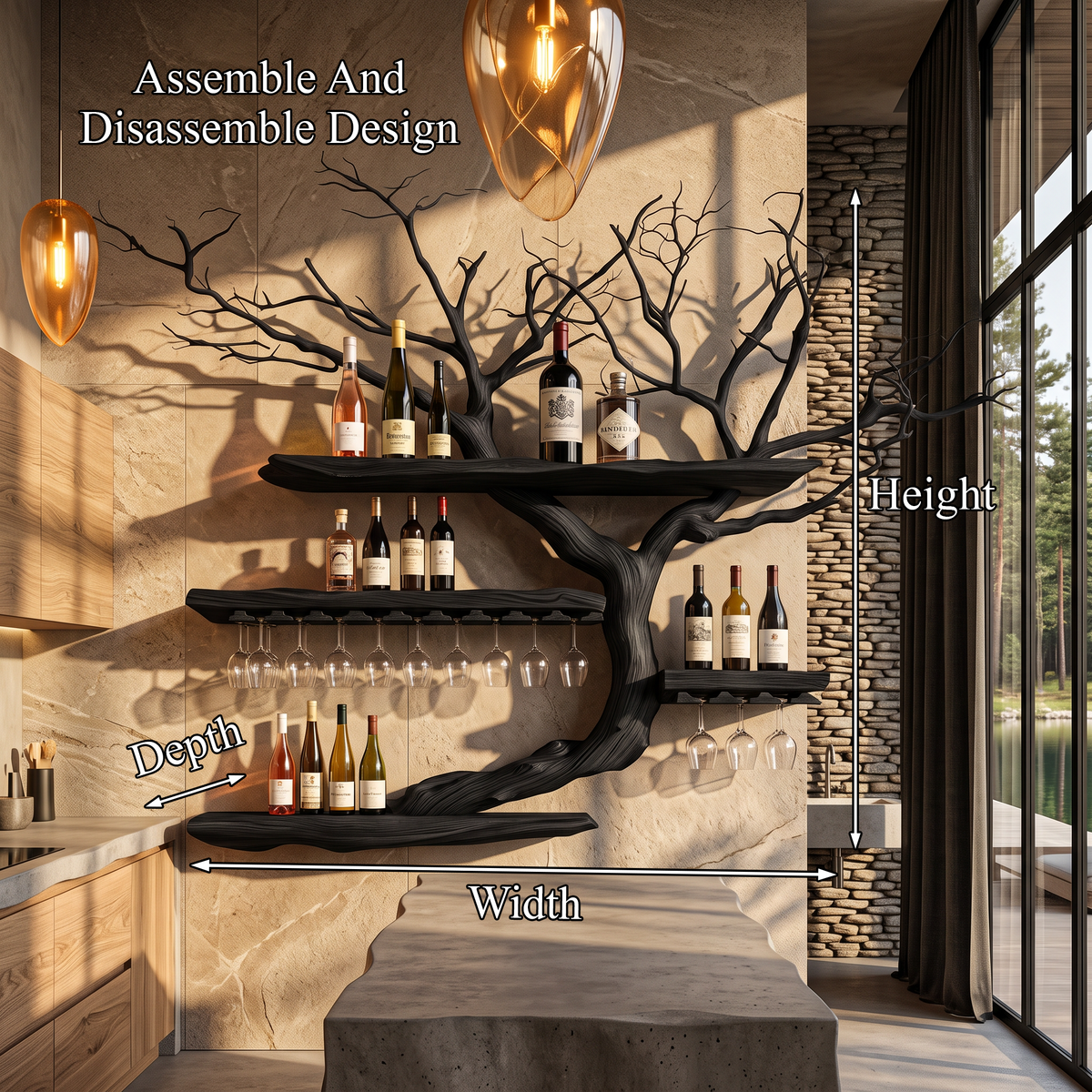 Organic Wine Storage Rack With Flowing Tree Limb Design For Dining Room