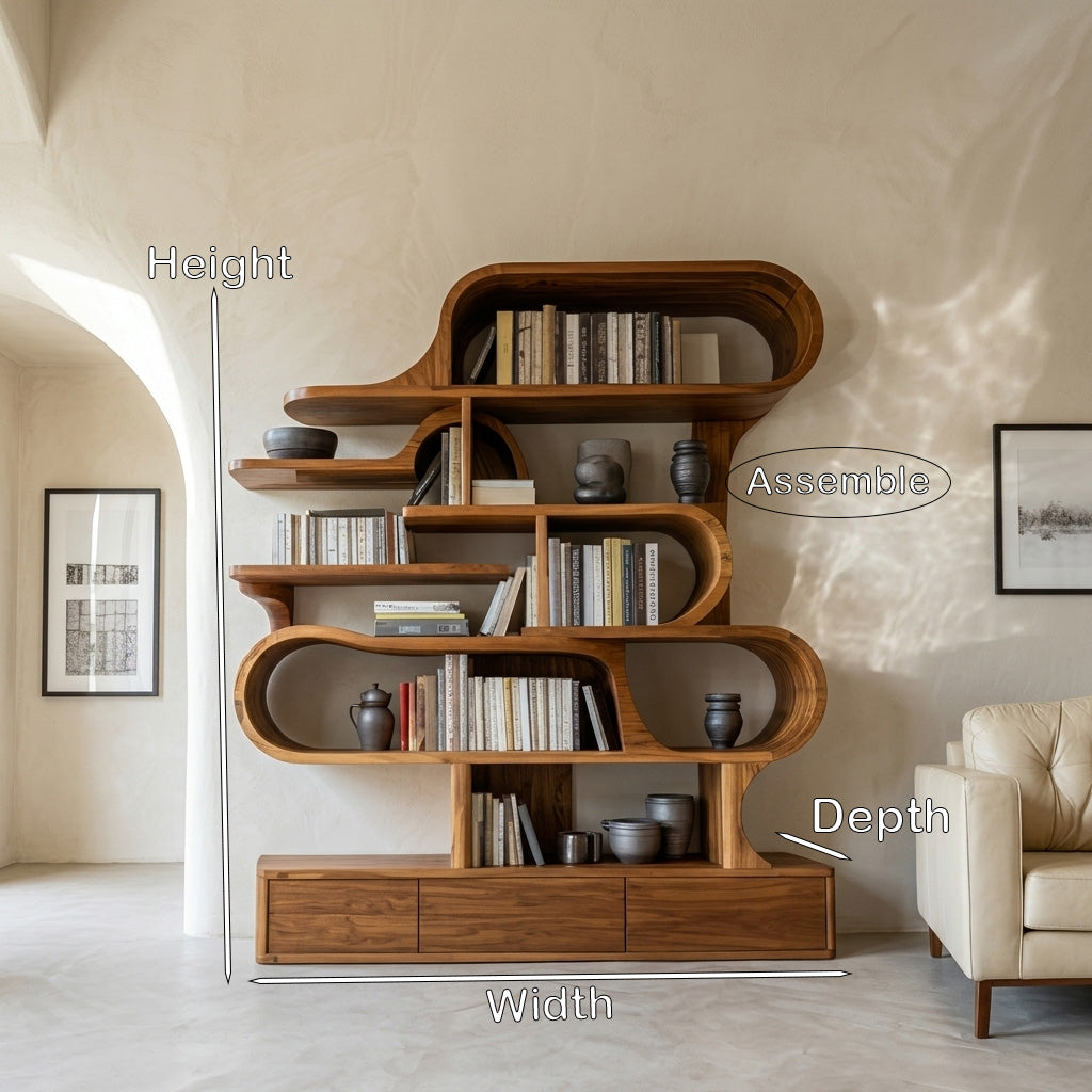 Layered Curve Wood Shelving Unit for Living Room, 59 to 79 in Tall