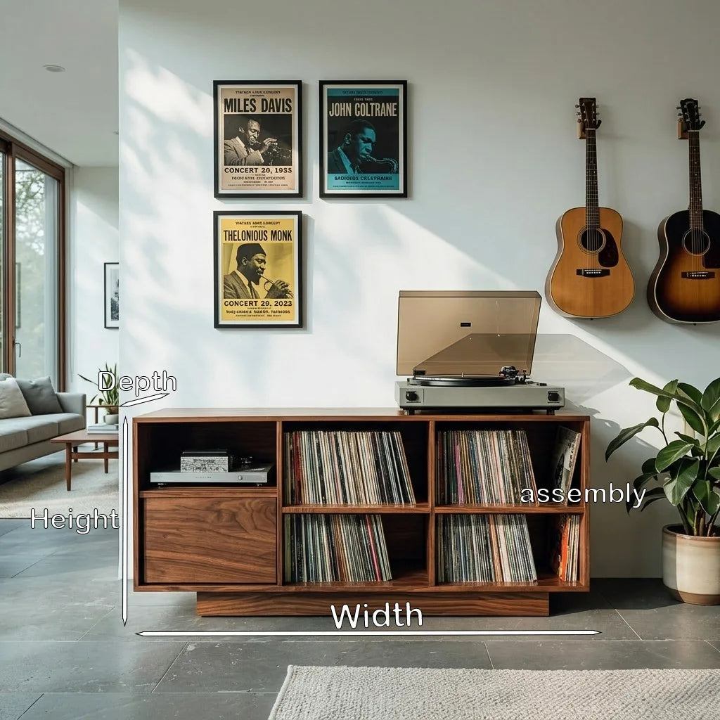 Wide Wood Record Cabinet With Open Cubbies And Turntable Top, 59-86 In